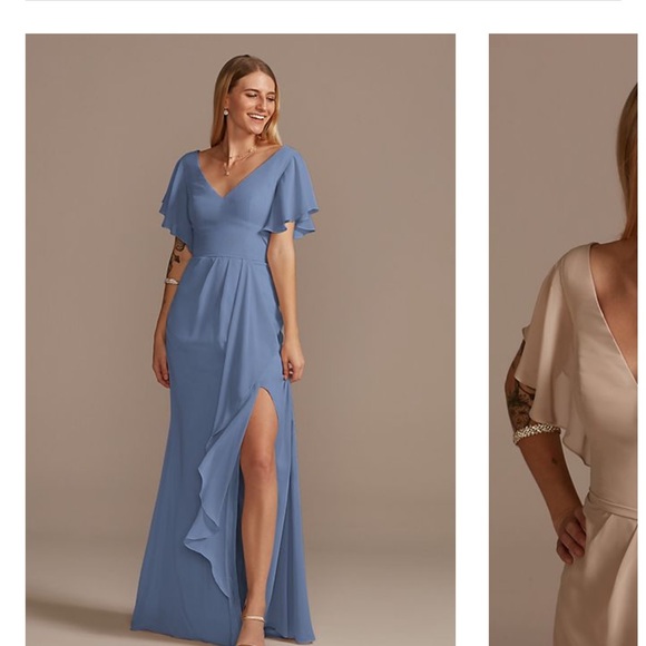 BNWT- David’s Bridal Flutter Sleeve Bridesmaid Dress with Cascade : Steel Blue - Picture 1 of 15